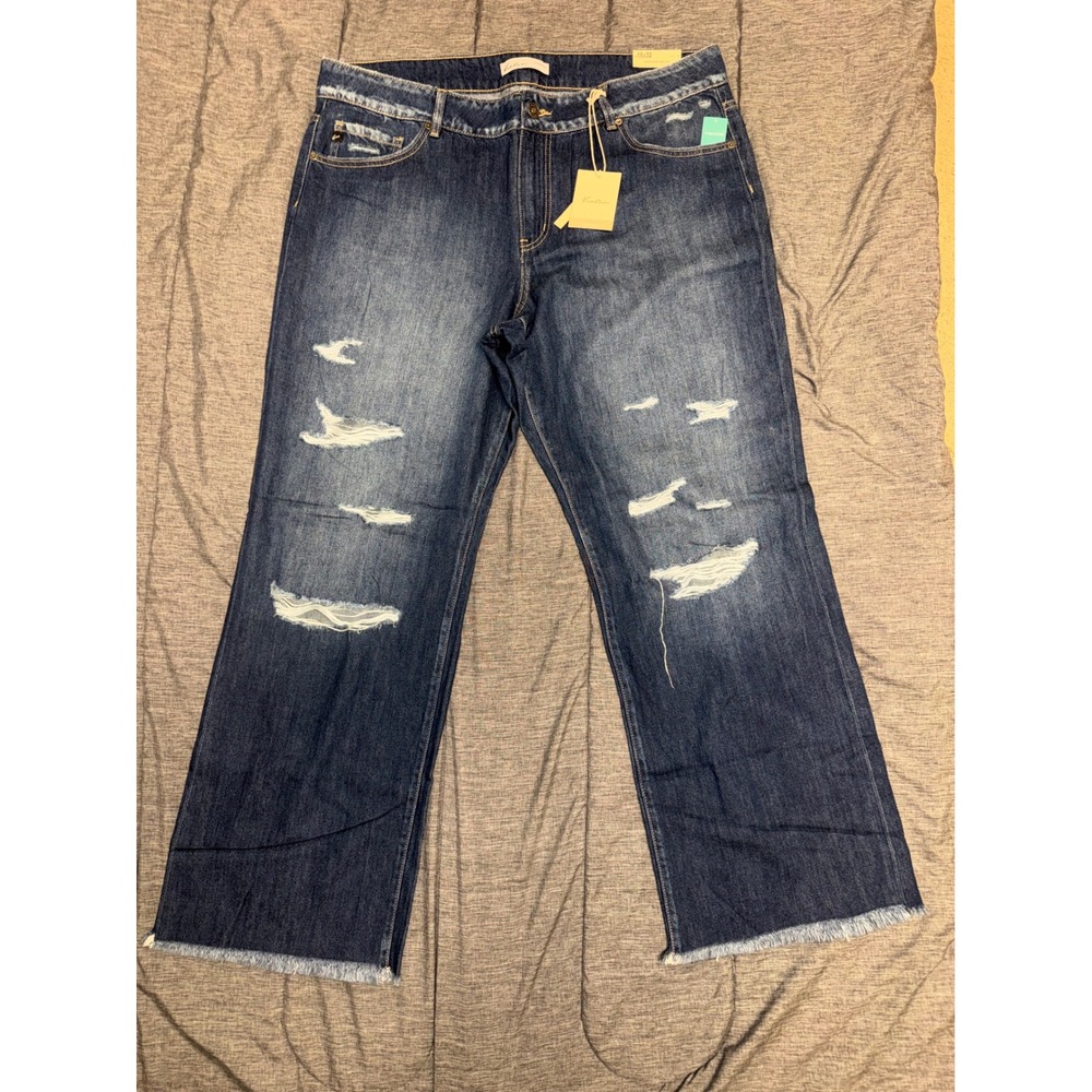 KanCan Maurices Womens Distressed Wide Leg Jeans Dark Wash Frayed Hem 18x32